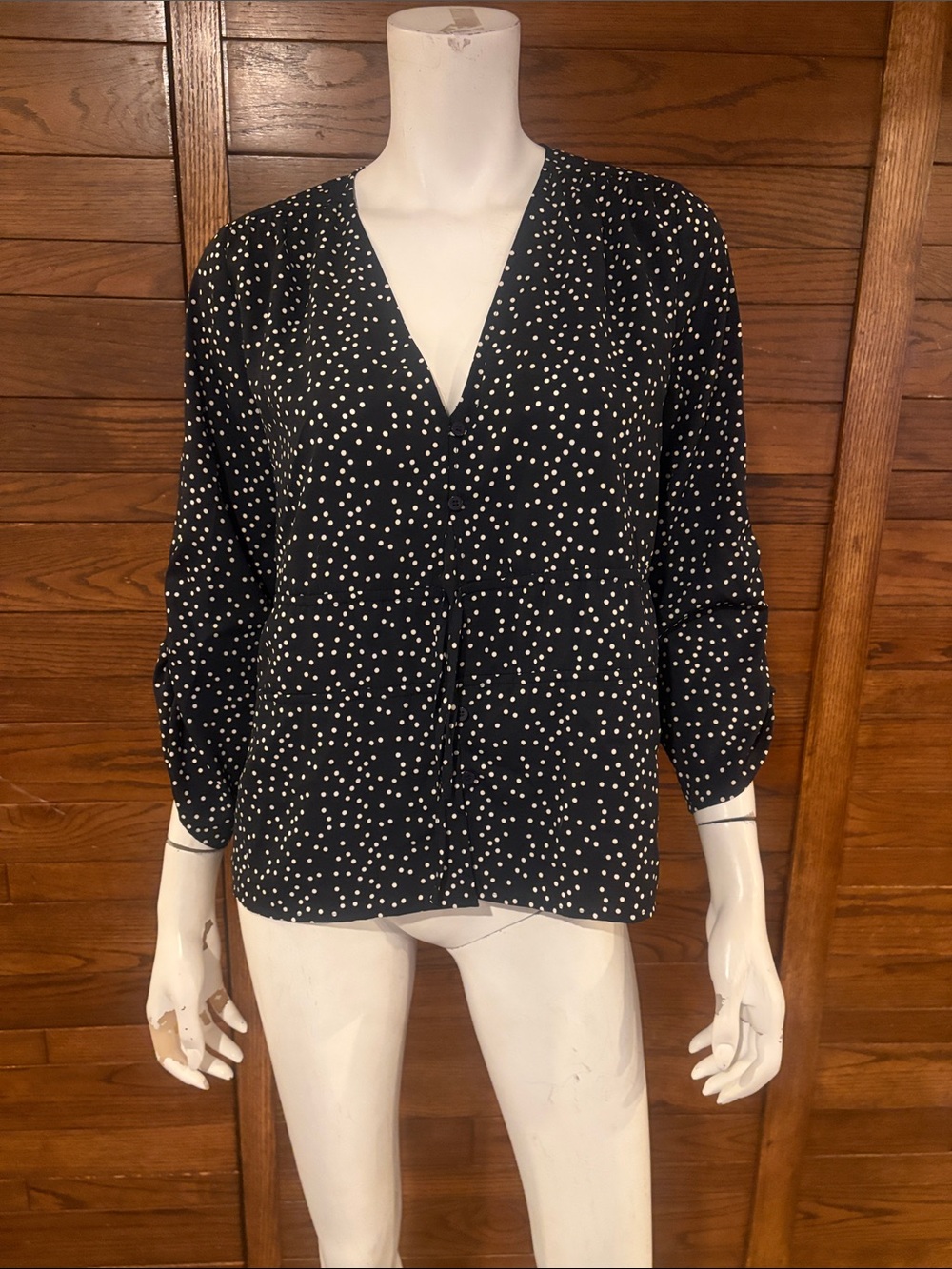 Black Polka Dot V-Neck Blouse with Three-Quarter Sleeves